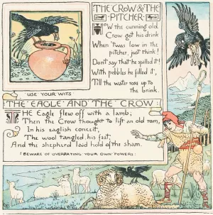 The Crow and the Pitcher, The Eagle and the Crow by Walter Crane Oil Painting