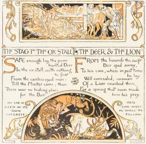 The Stag in the Ox-stall, The Deer and the Lion by Walter Crane Oil Painting