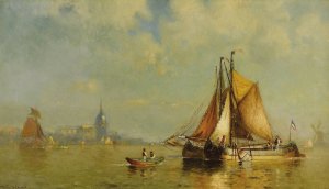 In Dordrecht Harbor, Holland by Walter Franklin Lansil Oil Painting