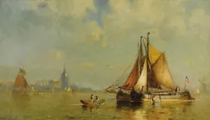 In Dordrecht Harbor, Holland by Walter Franklin Lansil Oil Painting