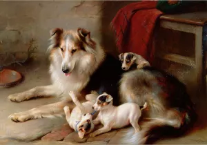 A Collie with Fox Terrier Puppies by Walter Hunt Oil Painting
