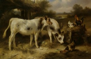 Calves and Hens Feeding by Walter Hunt Oil Painting