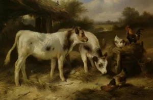 Calves and Hens Feeding painting by Walter Hunt