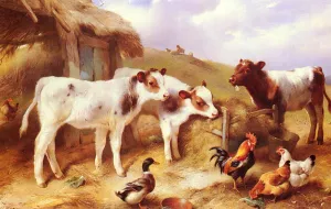 Calves, Chicken and a Duck by Walter Hunt Oil Painting