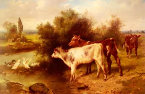 Calves Watering by Walter Hunt - Oil Painting Reproduction