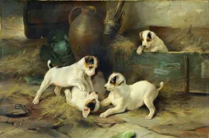 Four Puppies at Play by Walter Hunt Oil Painting