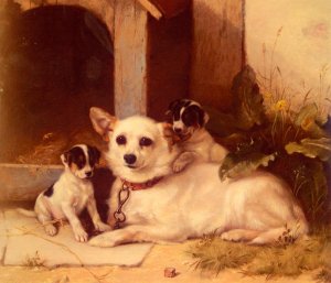 Mother And Puppies Resting by Walter Hunt Oil Painting