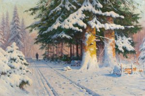 Hunter Returning Home in a Winter Woodland by Walter Moras Oil Painting