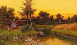 Idyllic Evening Scene on the Spree by Walter Moras Oil Painting