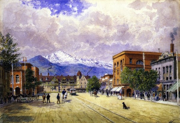 Main Product Photo of Pikes Peak Avenue, Colorado Springs, with Second Antlers Hotel and Pikes Peak Painting by Walter Paris