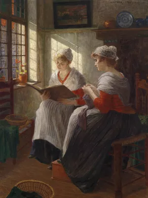 Zwei Madchen am Fenster by Walther Firle Oil Painting