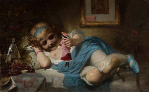 Girl with a doll - Convalescent by Wandalin Strzalecki Oil Painting