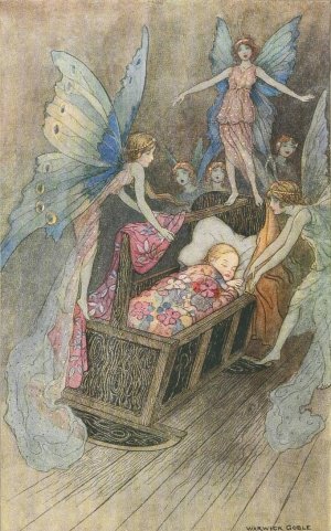 And, sweetly singing round about thy bed, Strew all their blessings on thy sleeping head. by Warwick Goble Oil Painting