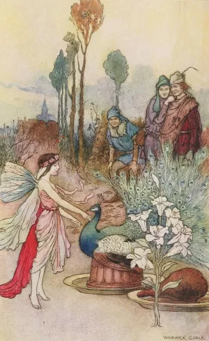 Instead of crust a peacock pie. Oil painting by Warwick Goble