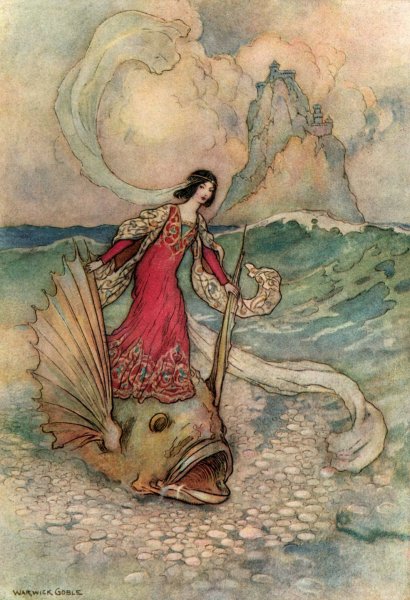 Rita riding on the Dolphin  by Warwick Goble - Hand-Painted Oil Painting Reproduction