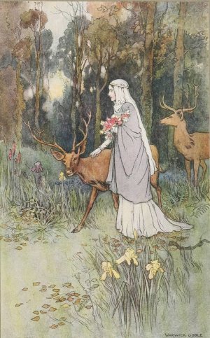 The dun deer wooed with manner bland, And cowered beneath her lily hand. by Warwick Goble Oil Painting