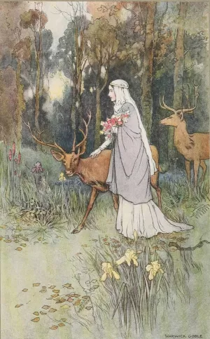 The dun deer wooed with manner bland, And cowered beneath her lily hand. by Warwick Goble Oil Painting