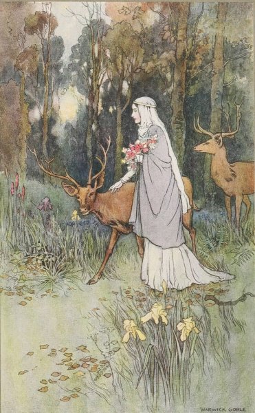 Main Product Photo of The dun deer wooed with manner bland, And cowered beneath her lily hand.  Painting by Warwick Goble