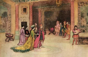 The King and Princess receiving Pippo at Court by Warwick Goble Oil Painting
