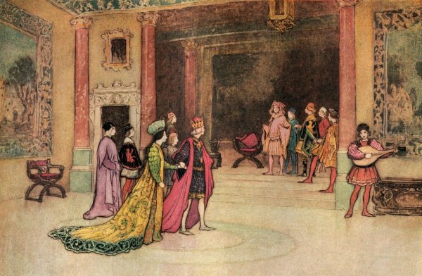 Main Product Photo of The King and Princess receiving Pippo at Court  Painting by Warwick Goble