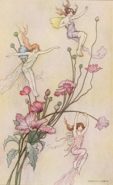 Main Product Photo of Three spirits mad with joy come dashing down on a tall wayside flower.  Painting by Warwick Goble