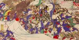 Tigers Attacking Chinese Soldiers during the Battle of Pyeongyang by Watanabe Nobukazu Oil Painting