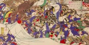 Tigers Attacking Chinese Soldiers during the Battle of Pyeongyang by Watanabe Nobukazu Oil Painting