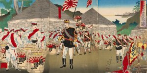 Triumphal Return of the Imperial Japanese Army from a Complete Victory at Asan by Watanabe Nobukazu Oil Painting