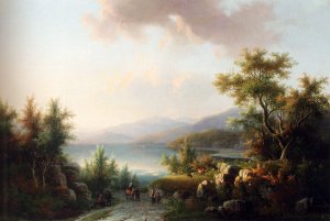 A Wooded Hilly Landscape With Travellers On A Track Near A Lake Oil painting by Welem De Klerk