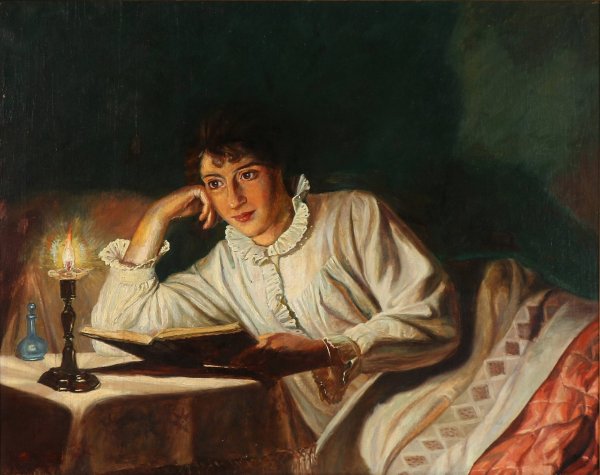 Main Product Photo of Kunstnerens hustru laeser i sengen Painting by Wenzel Tornoe