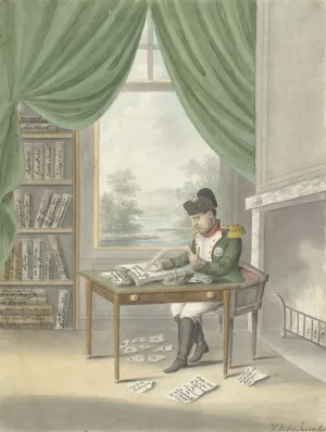 Spotprent op Napoleon; Klaas Bonaparte in zijn studeervertrek op 't eiland Elba, 1814 Oil painting by Wijnand Esser