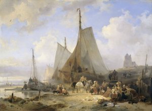 Fishing Boats on the Beach with Fishermen and Women Sorting the Catch by Wijnand Nuijen Oil Painting