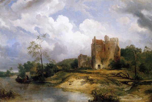 Main Product Photo of River Landscape with Ruins Painting by Wijnandus Johannes Josephus Nuyen
