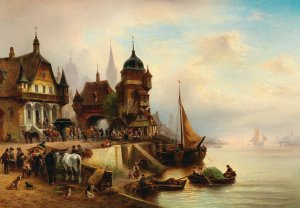 A lively scene in the harbour by Wilhelm Alexander Meyerheim Oil Painting