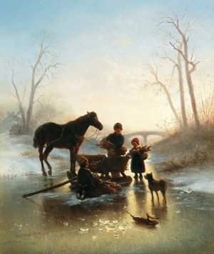 Children on the Ice Collecting Wood by Wilhelm Alexander Meyerheim Oil Painting