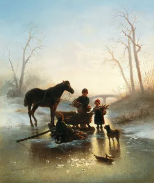 Children on the Ice Collecting Wood by Wilhelm Alexander Meyerheim Oil Painting