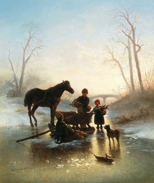 Main Product Photo of Children on the Ice Collecting Wood Painting by Wilhelm Alexander Meyerheim
