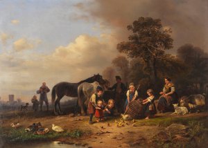 Landliches Vergnugen. Bauernfamilie bei einem Korbe mit jungen Huhnchen by Wilhelm Alexander Meyerheim Oil Painting