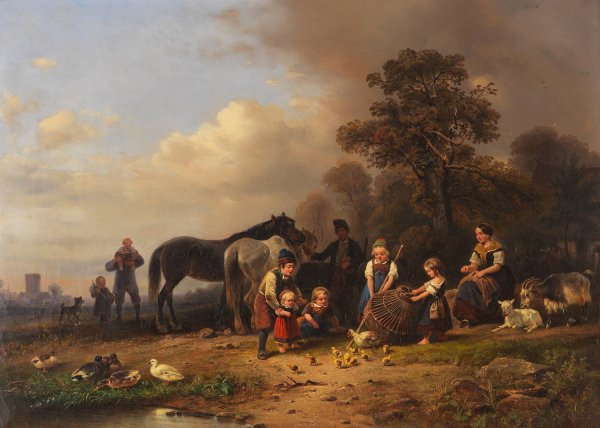 Main Product Photo of Landliches Vergnugen. Bauernfamilie bei einem Korbe mit jungen Huhnchen  Painting by Wilhelm Alexander Meyerheim