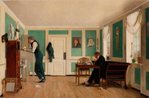 Interior from Amaliegade. Captain Carl Ludvig Bendz standing and Dr. Jacob Christian Bendz seated by Wilhelm Bendz Oil Painting