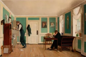 Interior from Amaliegade. Captain Carl Ludvig Bendz standing and Dr. Jacob Christian Bendz seated by Wilhelm Bendz Oil Painting