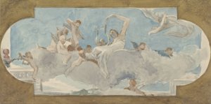 Plafondschildering met figuren gezeten op wolken by Wilhelm Cornelis Bauer Oil Painting