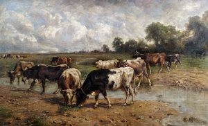 Rinderherde an einer Wasserstelle in weiter Landschaft by Wilhelm Frey Oil Painting