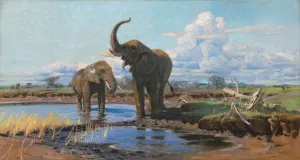 Elephants at a waterhole by Wilhelm Kuhnert Oil Painting