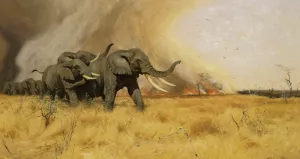 Elephants Moving Before a Veldt Fire painting by Wilhelm Kuhnert