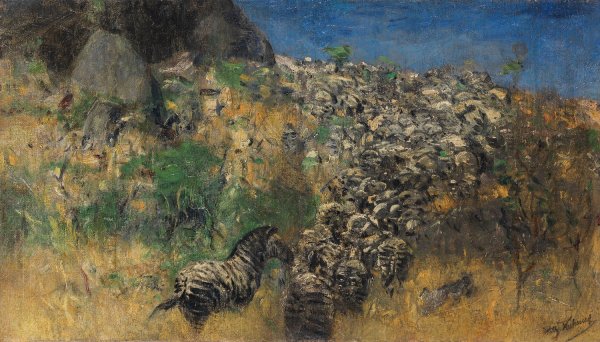 Main Product Photo of Fliehende Zebraherde, Zwischen  Painting by Wilhelm Kuhnert