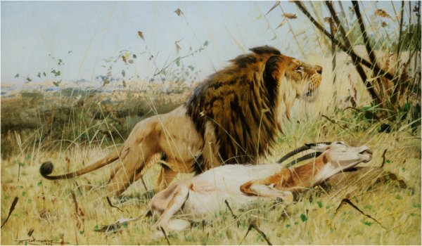 Main Product Photo of Lion and His Prey Painting by Wilhelm Kuhnert
