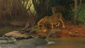 Lowen am Urwaldbach by Wilhelm Kuhnert Oil Painting
