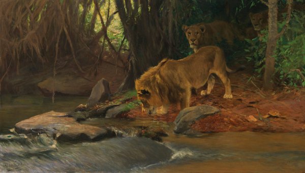 Main Product Photo of Lowen am Urwaldbach  Painting by Wilhelm Kuhnert