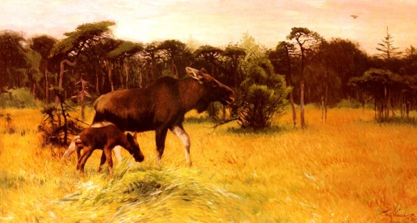 Main Product Photo of Moose with her Calf in a Landscape Painting by Wilhelm Kuhnert